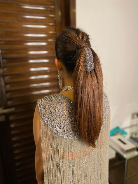 Hairstylists Reveal: The Best Hairdos With A Gown For Your Sangeet & Reception Hair Styles With Gown Dress, Hairdo With Gown, Sangeet Hairstyles For Bride On Gown, Lace Braid Hairstyles Indian, Sangeet Look Brides Hairstyle, Sangeet Braid Hairstyles, Ladies Sangeet Hairstyles, Sangeet Open Hairstyles For Bride, Sangeet Pony Hairstyle