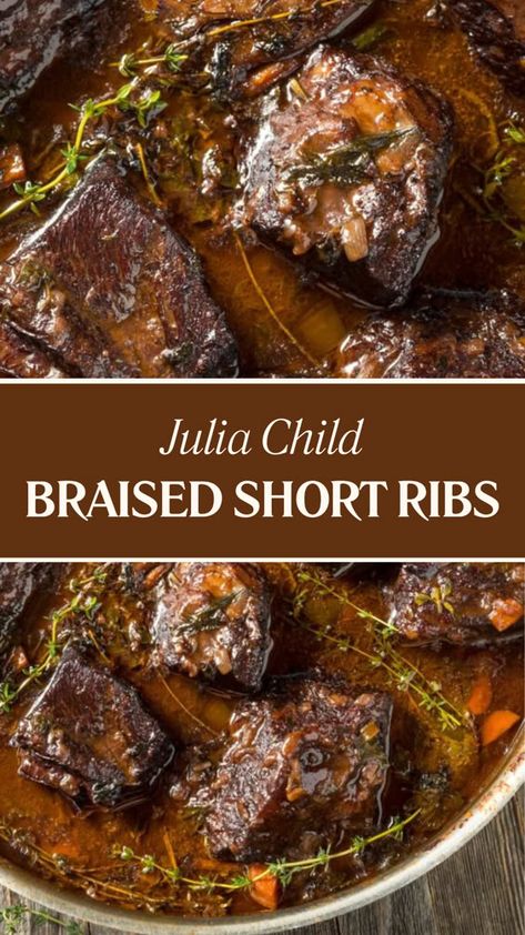 This Julia Child Braised Short Ribs recipe features olive oil, onion, carrots, beef ribs, salt, pepper, flour, red wine, beef broth, tomato paste, thyme, and rosemary. It takes 3 hours to prepare and serves 4 people. Christmas Braised Short Ribs, White Wine Braised Short Ribs, Short Ribs And Mushrooms, Ina Garden Braised Short Ribs, Ina Garden Red Wine Braised Short Ribs, French Braised Beef, Christmas Rib Roast Recipes, Ina Garden Short Ribs, Braised Beef Short Ribs Dutch Ovens Le Creuset