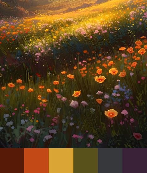 Color palette based on an image of flowers on a mountainside at sunset. Muted rainbow shades Muted Rainbow Aesthetic, Earth Tone Rainbow Color Palette, Golden Hour Color Palette, Backyard Bunkie, Golden Hour Palette, Muted Rainbow Color Palette, Earth Colour Palette, Earth Tone Rainbow, Moody Bathroom