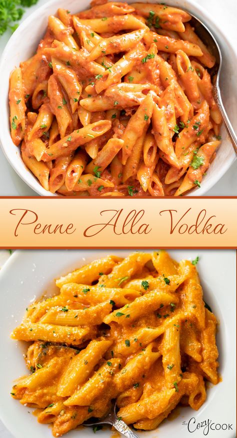 penne alla Vodka Vodka Alla Penne, Large Batch Dinner Recipes, Vodka Penne Pasta, Creamy Marinara Sauce, The Cozy Cook Recipes, Penne Alla Vodka Recipe, Macaroni Dishes, Cozy Cook Recipes, Cozy Dinner Ideas