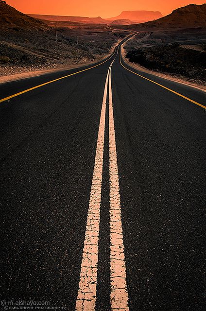 Sunset in road, Saudi Arabia | Fantasy Road Trip | Road Trip | Road | Roads | Road photo | on the road | drive | travel | wanderlust | landscape photography | Schomp MINI Empty Road, Wow Photo, The Road Not Taken, Road Photography, Beautiful Roads, In The Middle Of Nowhere, Middle Of Nowhere, Winding Road, Biome