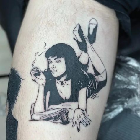 Pulp Fiction Silhouette Blackwork Illustrative Portrait Tattoo Idea & Design on Leg Pulp Fiction Silhouette Tattoo Done At Fiction Tattoo, Pulp Fiction Tattoo, Silhouette Tattoo, Shoulder Tats, Silhouette Tattoos, Union Square, Idea Design, Tattoo Idea, Pulp Fiction