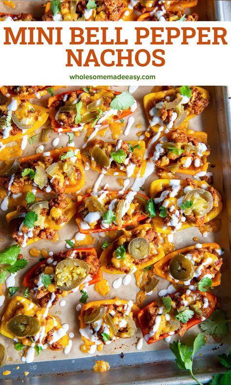 Mini Bell Pepper Nachos are a satisfying low-carb alternative to traditional nachos. Perfectly tender mini bell peppers stuffed with a flavorful ground turkey taco filling and topped with melted cheese. Add your favorite toppings for a fun and wholesome party snack! Ground Turkey Party Food, Turkey Bell Pepper Recipes, Mini Bell Pepper Recipes Healthy, Mini Pepper Recipes Dinners, Mini Sweet Pepper Recipes Healthy, Mini Bell Pepper Appetizers, Ground Turkey Appetizers, Sweet Mini Pepper Recipes, Mini Bell Pepper Recipes