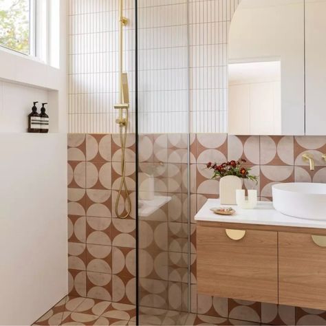 National Tiles | We live for patterns, and our Artisan Poco range certainly delivers. With so many patterns to choose from, you will be spoilt for choice!... | Instagram Half Shower Wall, Small Bathroom Shelving, National Tiles, Bathroom Shelving, Small Bathroom Renovations, San Juan Island, Privacy Walls, Bathroom Shelves, Shower Wall