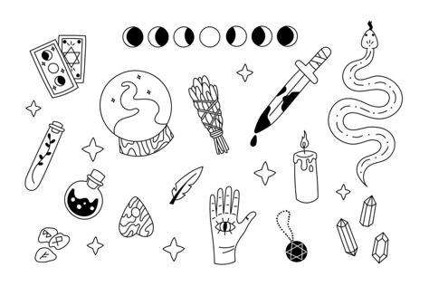 Set of hand drawn vector doodle elements isolated on white background. Mystical occult elements, modern witch things - magic ball, tarot, herbs, dagger, snake, potion, crystals, runes, etc. Tarot Doodles, Potion Doodle, Crystal Doodles, Magical Doodles, Witch Doodles, Magic Doodles, Witchy Doodles, Magic Doodle, Doodle Elements