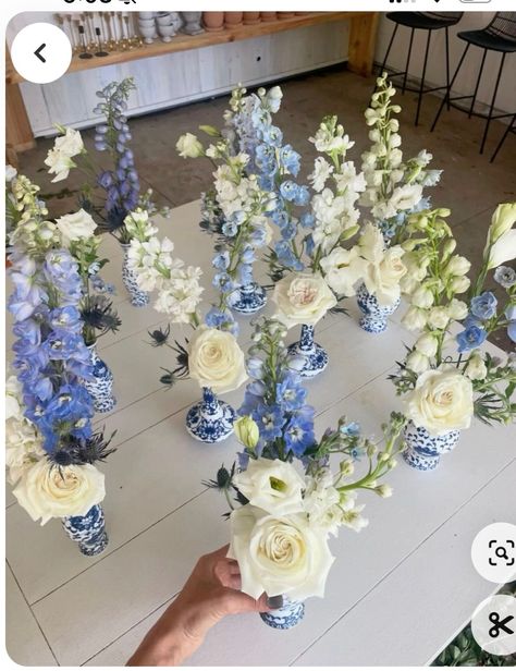 Rehearsal Centerpiece Ideas, Bus Vase Centerpiece, Linens Blues And Neutral Hues Wedding, Blue Wedding Set Up, Mini Vases Wedding, Bud Vases White And Blue Flowers, Bride And Groom Table Dusty Blue, Family Style Wedding Dinner Table Centerpieces, Round Table Wedding Decor Dusty Blue