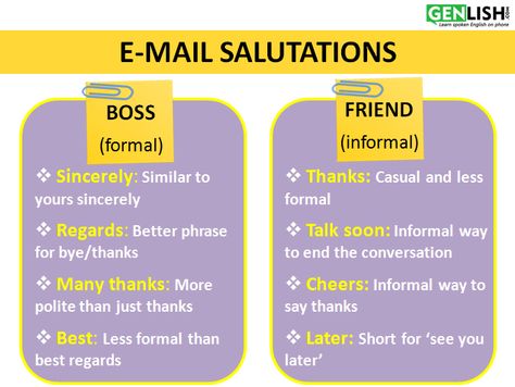 Office etiquette calls for formal writing, and e-mails are an integral part of it. Know the difference between formal and informal e-mails to write well! Email Salutations, E Mail Writing, English Etiquette, Formal Email Writing Samples, How To Write A Formal Email, Email Etiquette Professional Greeting, Proper Email Etiquette, Professional Emails Example, Email Greetings