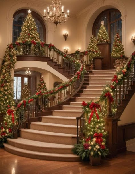 Christmas Mansion Exterior, Mansion Christmas Decor, Stairway Decorating Christmas, Adopt Me Christmas, Bloxburg Christmas House, Christmas Mansion, Christmas House Ideas, Mansion Christmas, Christmas Inn