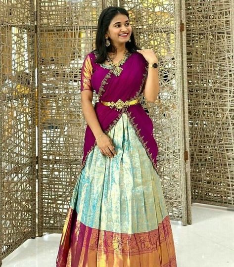 Pattu Half Sarees For Wedding, Half Saree Blouse Designs Back, Trending Half Saree Designs, Half Saree Lehenga Langa Voni, Pattu Langa Voni Half Saree, Simple Half Saree, Half Saree Designs Simple, Bridal Half Saree, Pattu Lehenga Half Saree