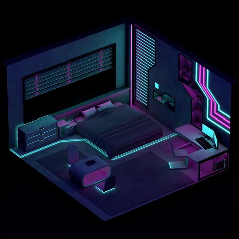 Futuristic Isometric, Cyberpunk Isometric, Cyberpunk Office, Dark Aesthetic Bedroom, Futuristic Bedroom Design, Futuristic Bedroom Ideas, Cyberpunk Bedroom, Isometric Rooms, Cyberpunk Interior