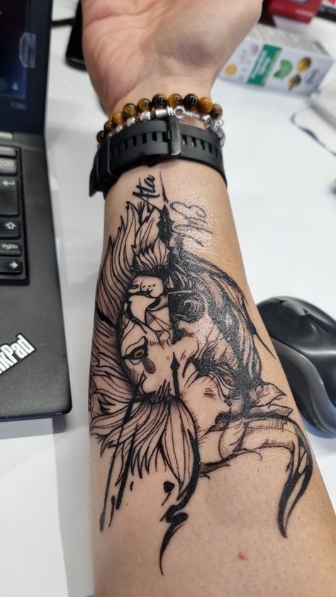 Bull Lion Tattoo, Leo Taurus Sagittarius Tattoo, Lion And Taurus Tattoo, Taurus Arm Tattoo Men, Half Lion Half Bull Tattoo, Bull And Lion Tattoo, 1990s Tattoo Ideas, Taurus Forearm Tattoo, Taurus Bull Tattoo Design For Men