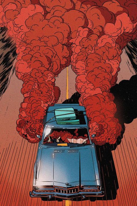 A Marvelous Akira Sci-fi Action Anime Movie Wallpaper Of A Blue Car With Luggage Tied On Top Emitting Thick Red Smokes While Traveling On The Road. Action Anime Movies, Illustrator Design Tutorial, Iphone 6 Wallpaper, Movie Wallpapers, Japanese Animation, Free Hd Wallpapers, Surreal Art, Aesthetic Art, Art Wallpaper