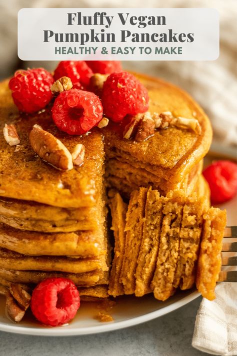 Healthy Pumpkin Pancakes, Vegan Pumpkin Pancakes, Pumpkin Pancakes Recipe, Fluffy Pumpkin Pancakes, Vegan Brunch Recipes, Pumpkin Pancake Recipe, Whole Grain Flour, Brunch Casserole, Vegan Brunch