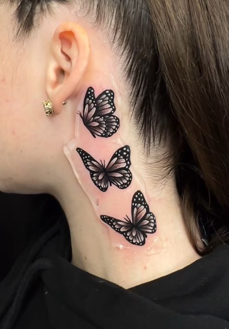 Shaded Neck Tattoos, Behind Ear Cover Up Tattoos For Women, Butterflies Behind Ear Tattoo, Butterfly Collarbone Tattoo, Tattoo Am Hals, Throat Tattoos Women Simple, Neck Butterfly Tattoo, In Front Of Ear Tattoo, Butterfly Tattoo Neck