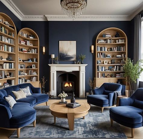 Blue Wall White Fireplace, Small Georgian Living Room, Dark Blue Tv Wall, Georgian Style Homes Interior, Navy Sitting Room, Living Room With Blue Walls, Old Money Living Room, Georgian Living Room, Dark Academia Living Room