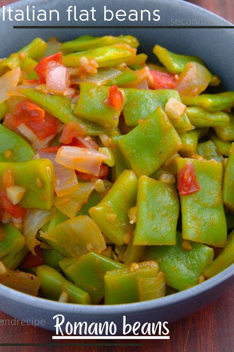 Italian flat beans (romano beans) Romano Green Beans Recipes, Romano Beans Recipes, How To Cook Fresh Roma Green Beans, Green Beans Italian Style, Flat Green Bean Recipes, Italian Greens And Beans, Greens And Beans Recipe Italian, Flat Green Beans, Flat Beans