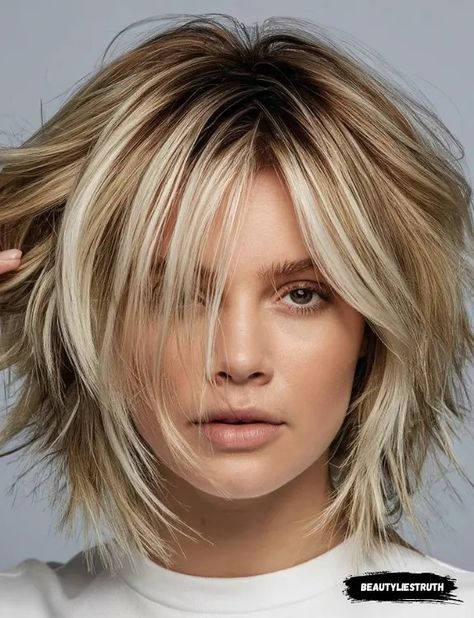 Layered Bobs For Fine Hair Medium, Medium To Short Length Hair With Layers, Chin Length Hair 2024, How To Style A Choppy Bob, Women’s Hairstyles With Bangs, Wispy Face Framing Bangs Short Hair, Shoulder Length Choppy Bob, Medium Length Stacked Bob, Neck Length Hair With Bangs