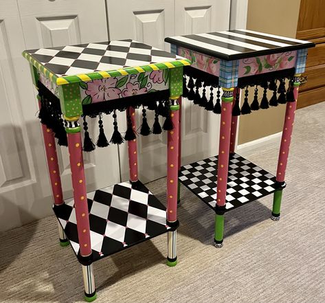 Alice In Wonderland Furniture, Wonderland Furniture, Painted Bar Stools, Mackenzie Childs Diy, Painting Furniture Ideas, Quirky Furniture, Painted Tables, Painted Side Tables, Mackenzie Childs Inspired