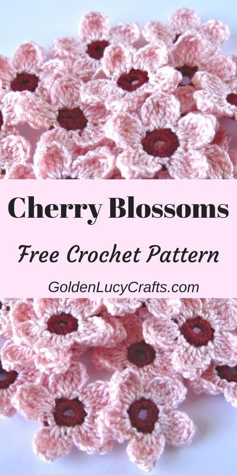 Celebrate Spring season with these beautiful crochet Cherry Blossoms! Easy and quick to make, and perfect for any Spring decoration! You can use these crochet Cherry Blossoms to embellish… Blossom Crochet, Crochet Cherry, Crochet Wall Art, Crochet Flowers Free Pattern, Crochet Geek, Crocheted Flowers, Crochet Plant, Haken Baby, Crochet Flower Tutorial