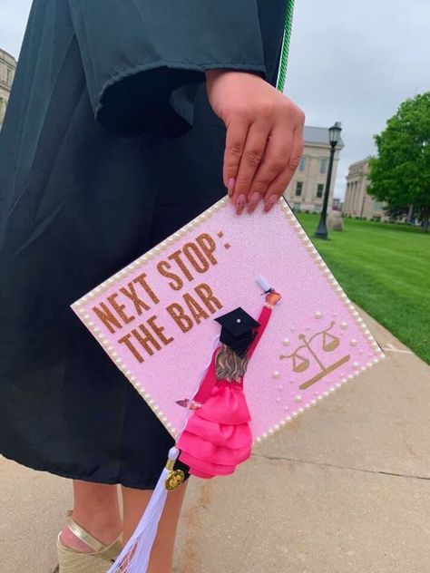 Lawyer Cap Ideas, Graduation Cap Designs For Lawyer, Next Stop Grad School Cap, Law School Cap Decoration, Going To Law School Grad Caps, Graduation Cap Designs Law School, Grad Cap With Pearls, Next Stop Law School Grad Cap, Pre Law Graduation Cap