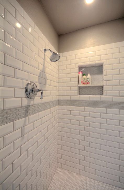 Subway Tile Showers With Accent Strip, White Subway Tile Bathroom With Accent Tiles, Beveled Subway Tile Shower Stall, White Subway Tile Shower With Accent, Subway Tile With Mosaic Accent, Beveled Subway Tile Bathroom, Bathroom Remodel Plans, White Subway Tile Shower, Bathroom Shower Stalls