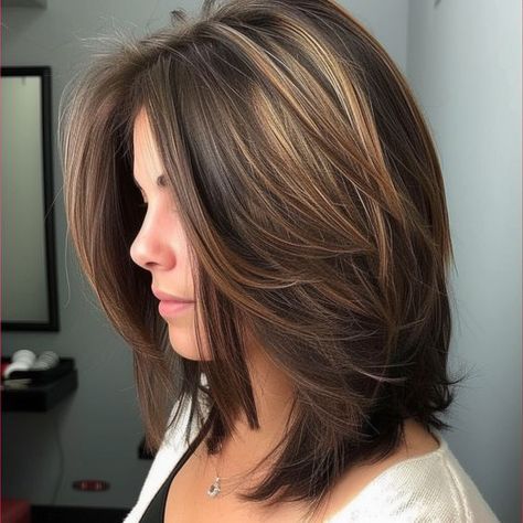 Straight Mid Length Cut with Feathered Layers Layered Mid Length Hair Straight, Tapered Shoulder Length Hair, Short Hair With Layers Side Part, Mid Length Fine Hair With Layers, Medium Length Brown Hair Straight, Front Layers Short Hair, Medium Short Layered Haircuts, Feathered Short Hair, Mid Length Hair Cuts With Layers