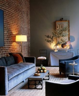 john dickinson galvanized tin console Brick Wall Interior Living Room, Living Room With Brick Wall, Brick Decoration, Brick Wall Living Room, Brick Living Room, Brick Interior Wall, Brick Interior, Farmhouse Ideas, Kitchen Decoration