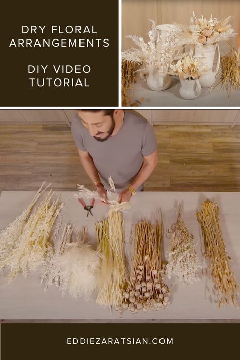 From stylish centerpieces to charming accents, these textured floral arrangements will add a touch of elegance to any room in your home. Get inspired from this DIY video tutorial to craft your own dried floral creations that can be enjoyed for months to come. Diy Dried Flower Arrangements Wedding, How To Arrange Dried Flowers In A Vase, Diy Dried Floral Arrangements, Diy Boho Floral Arrangement, Diy Boho Flower Arrangements, Dried Floral Centerpieces, Floral Centerpieces Diy, Dry Floral Arrangements, Dry Flower Arrangements