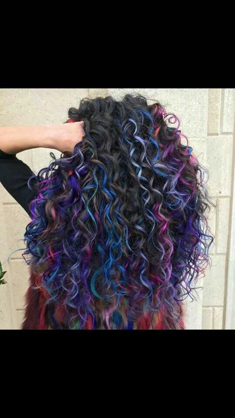 Oil Slick Curly Hair, Colorful Highlights Curly Hair, Vivid Curly Hair, Curly Hair Vivid Color, Vivid Highlights Brown Hair, Rainbow Curly Hair, Afro Hair Color, Crazy Curly Hair, Oil Slick Hair