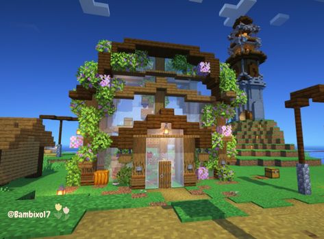 Minecraft, bees sanctuary, green house, aesthetic build Cute Bee Minecraft Build, Bee Farm Ideas Minecraft, Aesthetic Minecraft Bee Sanctuary, Minecraft Bee Apiary, Bee Habitat Minecraft, Bee Keeper Minecraft, Bee Sanctuary, Mc Bee Sanctuary, Cute Minecraft Bee Farm