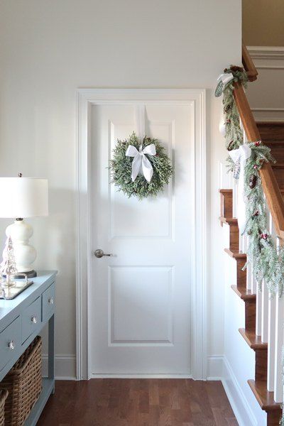 Where To Hang Wreaths In House, Indoor Wreath Ideas, Christmas Bedroom Door Decorations, Indoor Wreath Decor, Wreath On Mirror, Porch Daydreamer, Bedroom Wreath, Indoor Door Decor, Christmas Wreaths Indoor