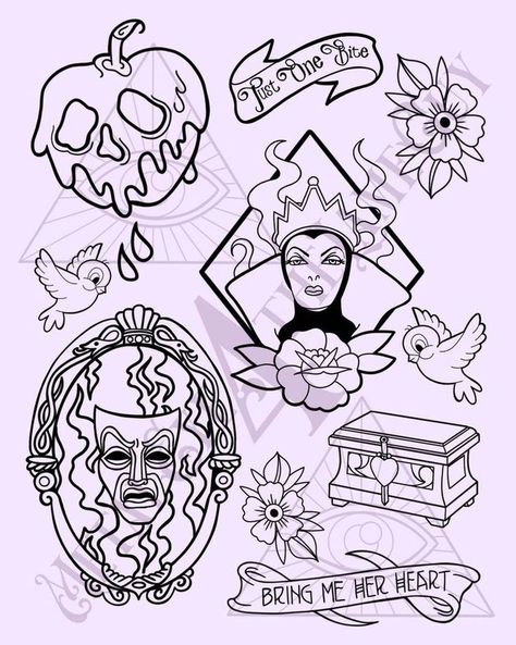 Snow White Tattoos, Pencil Drawing Inspiration, Drawings Of Animals, Tattoo Png, Disney Sleeve, Pencil Drawings Of Animals, Queen Tattoo, Tattoo Flash Sheet, Spooky Tattoos