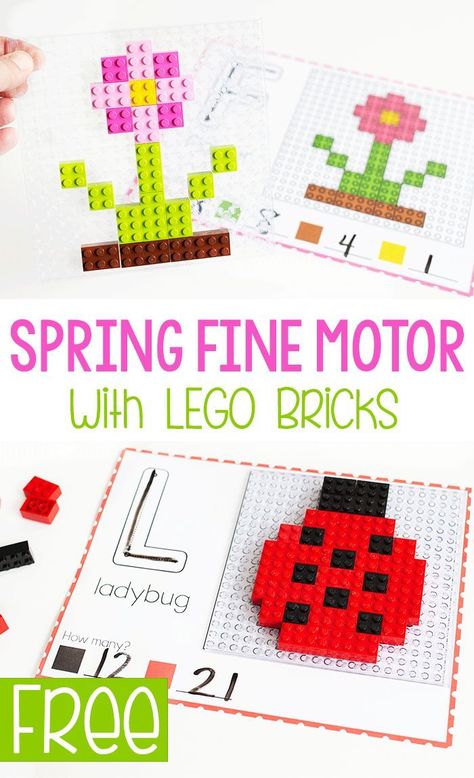 Free printable Spring fine motor mats for LEGO bricks. Build spring pictures using LEGOs. Perfect for occupational therapy and preschool math activities. #freeprintable #finemotor #occupationaltherapy #LEGO  #beginningsounds #preschool #kindergarten #lifeovercs Lego Activities Preschool, Preschool Math Activities, Flower Activities, Lego Learning, Camping Theme Preschool, Lego Math, 2nd Semester, Summer Themes, Christian Preschool