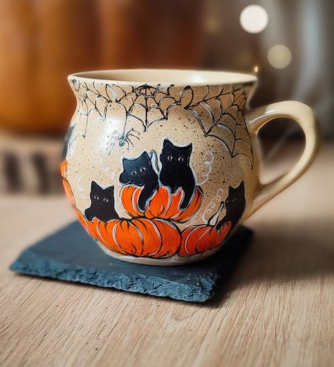 Pumpkin Field Black Cat Mug for Halloween, Cute Spooky Season Mug for Gift, Witch Halloween Coffee Mug With Spider Web, Cat Lover Gift Witch - Etsy Halloween Pottery Painting Ideas, Halloween Pottery Painting, Halloween Pottery Ideas, Halloween Mugs Coffee Cups, Holiday Ceramics, Halloween Pottery, Pumpkin Field, Halloween Coffee Mug, Pumpkin Mug