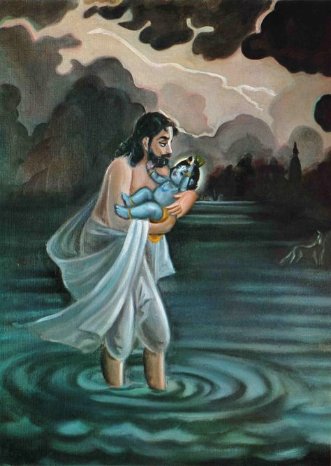 Vasudev Carrying Krishna, Krishan Janamasthmi, Krishna Birth, Yamuna River, Yashoda Krishna, Krishna Hindu, Krishna Drawing, Baby Krishna, Hinduism Art