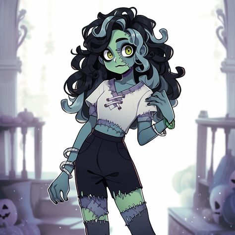 Frankinstine Oc, Frankenstein Oc Art, Frankenstein Monster Character Design, Zombie Oc Girl, Zombie Vtuber, Frankenstein Character Design, Frankenstein Oc, Undead Character Design, Zombie Oc Art