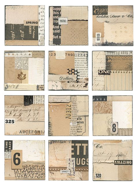 I am always amazed at how much contrast and texture appears in all neutral compositions. These small (3″ x 3″) collages were all made from the little scraps of vintage papers that usual… Book Page Collage Art, Mixed Media Paper Art, Diy Collage Papers, Small Collage Art, Simple Collage Art, Pamela Towns, Linda Germain, Collage Composition, Square Composition