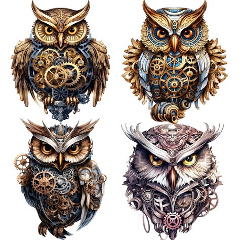 Mechanical Bird, Biomech Tattoo, Steampunk Clipart, Steampunk Elements, Steampunk Owl, Owl Clipart, Owl Printables, Fantasy Map Making, Steampunk Owls