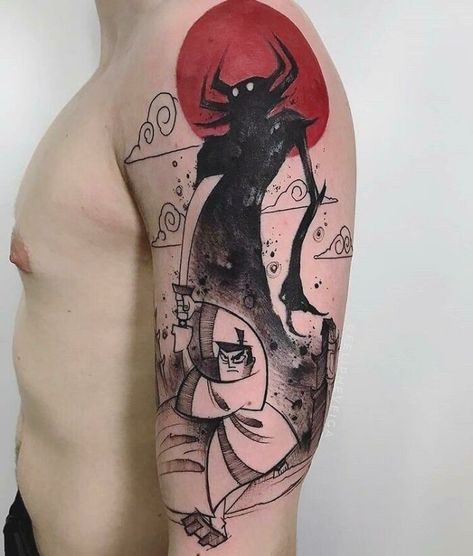 Samurai Jack By Feliphe Veiga At True Rise Tattoo In São Paulo, Brazil Samurai Jack Tattoo, Samurai Tattoos, Samurai Jack Aku, Rise Tattoo, Jack Tattoo, Samurai Tattoo Design, Comic Tattoo, R Tattoo, Samurai Tattoo