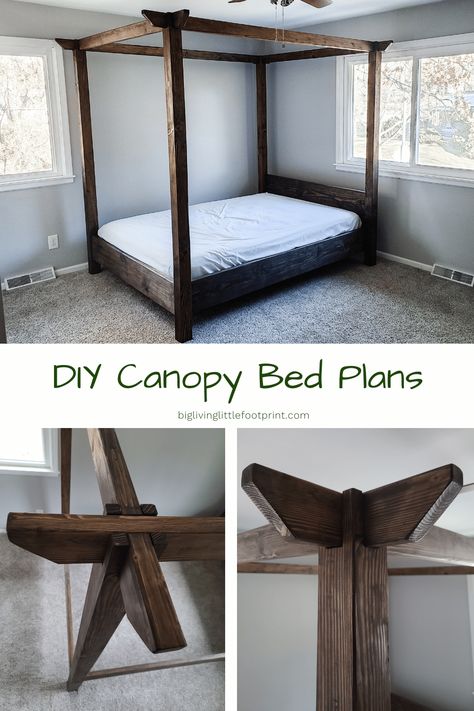 Diy Bed Posts Ideas, Canopy Bed Ideas For Adults Farmhouse, Canopy Bed Plans Diy, Diy King Canopy Bed Frame, Diy Four Poster Bed Canopy, Diy 4 Poster Bed, Canopy Bed Ideas For Adults Diy, Diy Canopy Bed For Adults, King Canopy Bed Frame