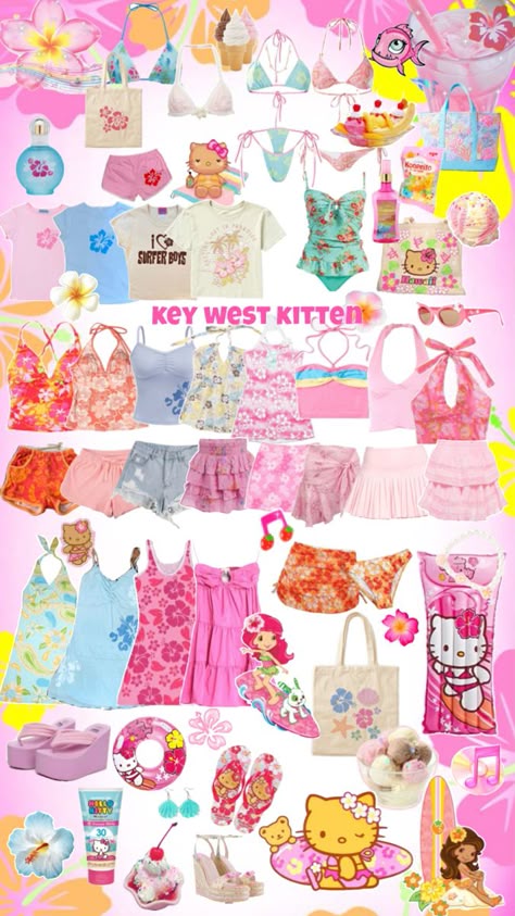 #summer #beach #beachy #aesthetic #keywestkitten #sanrio #hellokitty #clothes #collage #strawberryshortcake #beachgirl #fashion #pink #hotgirlsummer #cute #cutecore #tropical #tropicore #orange #pinkandorange #hibiscus Key West Kitten Clothes, Beachy Y2k Aesthetic, Pink And Orange Beach Aesthetic, 2000s Beach Aesthetic Outfits, Where To Buy Coconut Girl Clothes, Tropical Core Clothes, Tropicore Outfits, Keywestkitten Outfits, Tropical Outfits Aesthetic