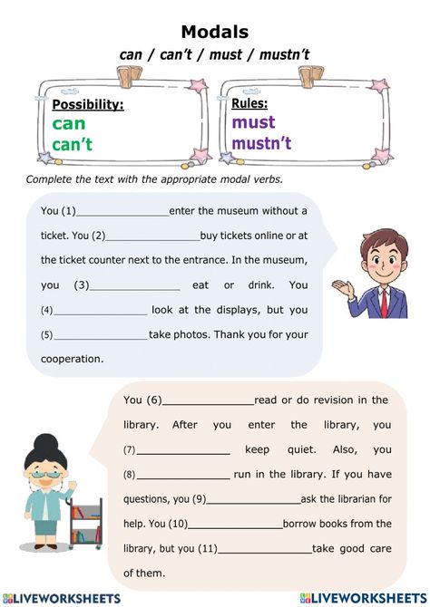 Modal verbs online worksheet for 1ºESI. You can do the exercises online or download the worksheet as pdf. Must And Mustn't Worksheet, Modal Verbs Grammar Lessons, Modal Verbs Worksheets With Answers, Modal Verbs Activities, Modal Verbs Exercises, Modal Verbs Worksheets, English Conversation Worksheets, English Language Learning Activities, Modal Auxiliaries