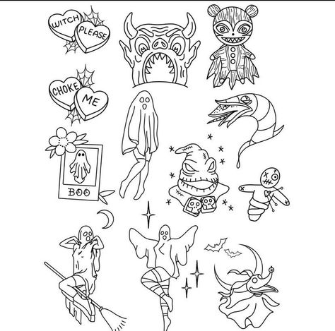 Small Horror Flash Tattoo, Beginner Tattoo Flash Sheet, Flash Art Tattoo Ideas Witchy, Halloween Flash Sheet Simple, Line Work Tattoo Flash Sheet, Line Work Flash Sheets, Halloween Flash Tattoo Sheet, Halloween Flash Sheet Tattoo, Beetlejuice Tattoo Flash