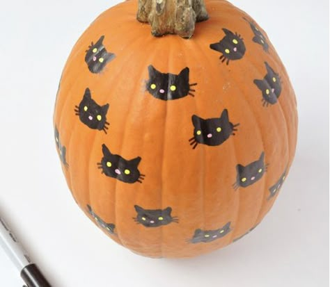 Baby Pumpkin Designs, Halloween Cat Pumpkin Painting, Painted Pumpkins Easy Cute, Painting Small White Pumpkins, Pet Pumpkin Decorating, Bats Painted On Pumpkin, Kids Paint Pumpkins, Black Cat On Pumpkin Painting, Cat On Pumpkin Painting