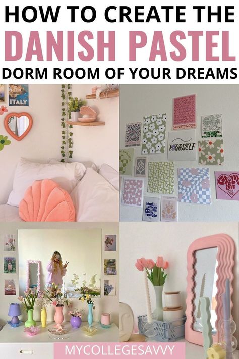 Obsessed with this Danish Pastel aesthetic dorm decor! Asthetic Zimmer, Pastel Dorm Room Ideas, Danish Pastel Dorm, Pastel Dorm Room, Danish Room Decor, Danish Room, Pink Bookshelves, Danish Aesthetic, Bedroom Moodboard