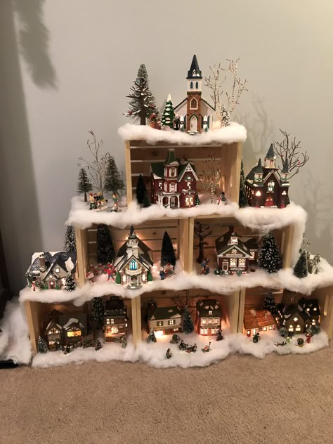 Christmas Village Set Up Ideas Diy, Christmas Tree Village Display, Diy Christmas Village Displays, Christmas Tree Village, Lemax Village, Christmas Village Sets, Diy Christmas Village, Christmas Village Display, Village Display