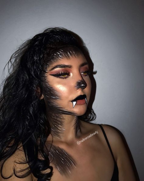 Werewolf Photoshoot, Werewolf Makeup Female, Wolf Costume Makeup, Girls Wolf Costume, Color Guard Makeup, Wolf Face Paint, Guard Makeup, Werewolf Makeup, Wolf Makeup