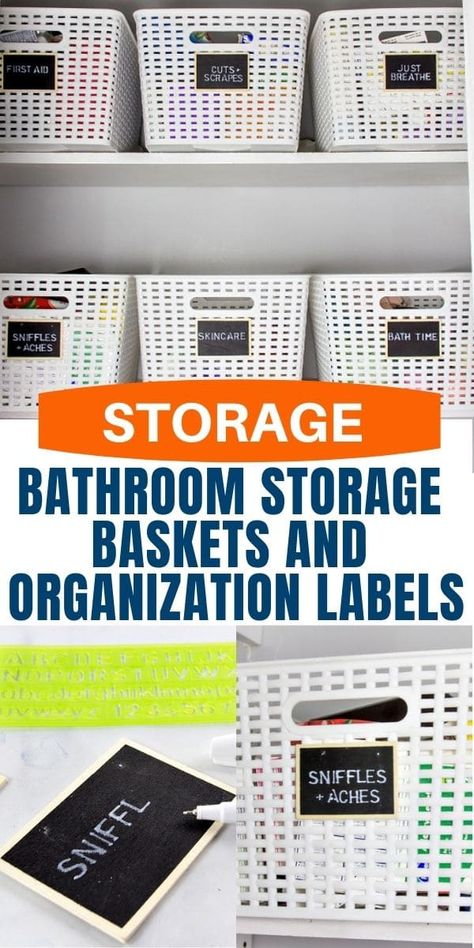 Bathroom Storage Baskets with DIY Organization Labels - Tonya Staab How To Label Baskets, Basket Labels Diy, Basket Label Ideas, Bathroom Storage Baskets, Chalkboard Organizer, Bathroom Labels, Organization Labels, Basket Labels, Bathroom Basket Storage