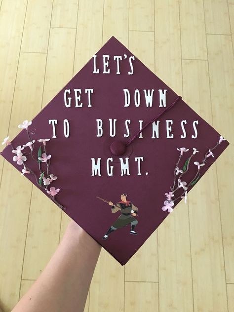 My grad cap :) business management major  (Made by me: Anesa Estorga) please give me credit if being shared on other social media sites! Thank you! Business Major Cap Decoration, Graduation Cap Ideas Business Major, Graduation Cap Designs Business, College Graduation Cap Ideas Business, Grad Cap Communication Major, Marketing Major Graduation Cap, Business Management Graduation Pictures, Business Grad Cap, College Grad Cap Ideas Business