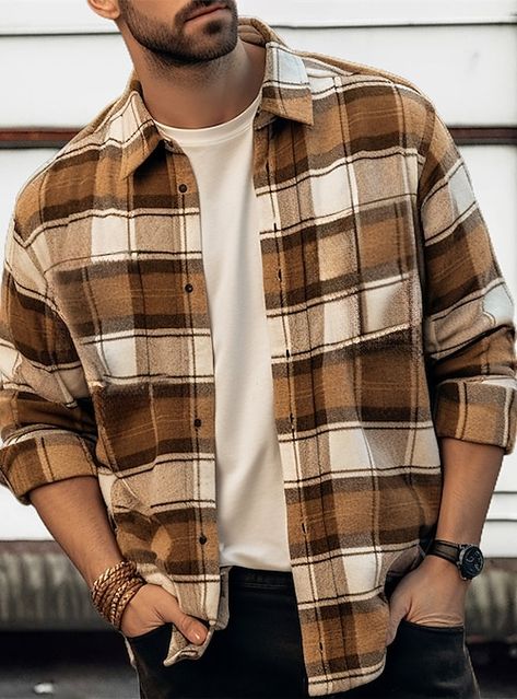 Plaid Flannel Outfit Men, Tan Flannel Outfit Men, Mens Shacket Outfit, Brown Flannel Outfit Men, Brown Plaid Shirt Outfit, Plaid Flannel Outfit, Winter Shirt Outfit, Checked Shirt Outfit, Plaid Shirt Outfits